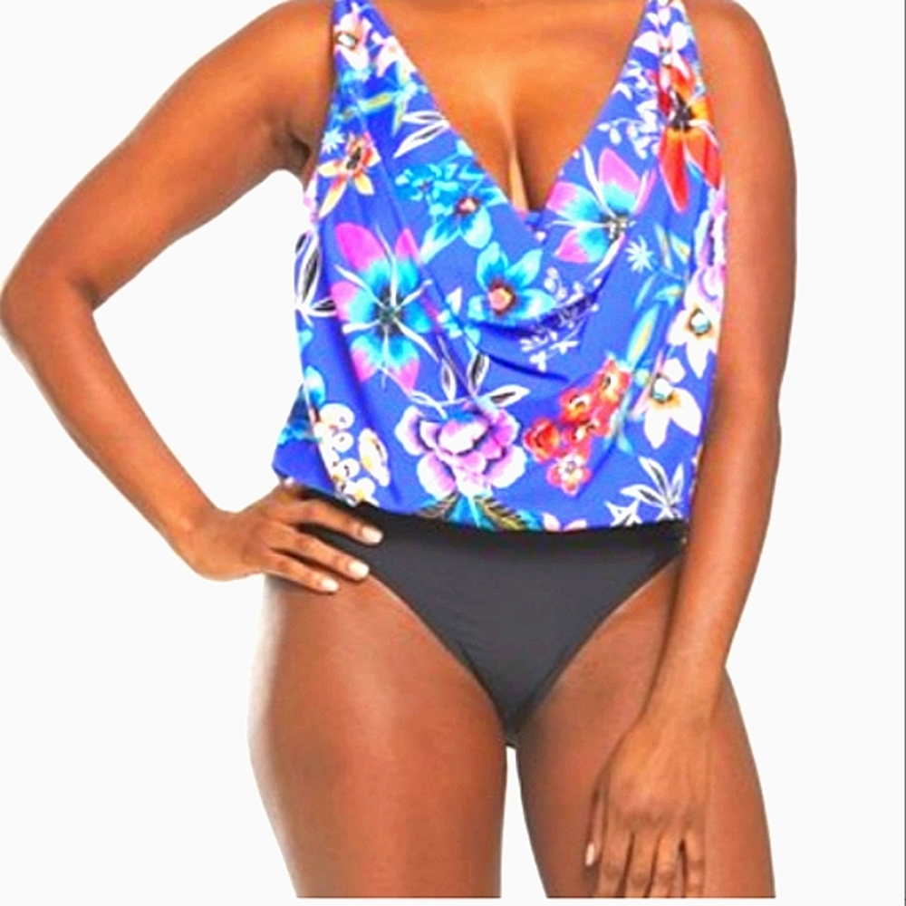 NWT ATHENA~ Plus Size~Mexicano Flower Print Cowl neck Blouson 1 pc Swimsuit~14
